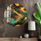 a large circular wall art piece with a vibrant abstract design in shades of green, yellow, and black, hanging on a dark wall. The art piece is positioned above a wooden shelf, which also holds a lamp, a small silver ball, and a plant.