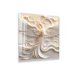 a detailed relief sculpture of a white bird with outstretched wings, surrounded by swirling patterns and shapes.