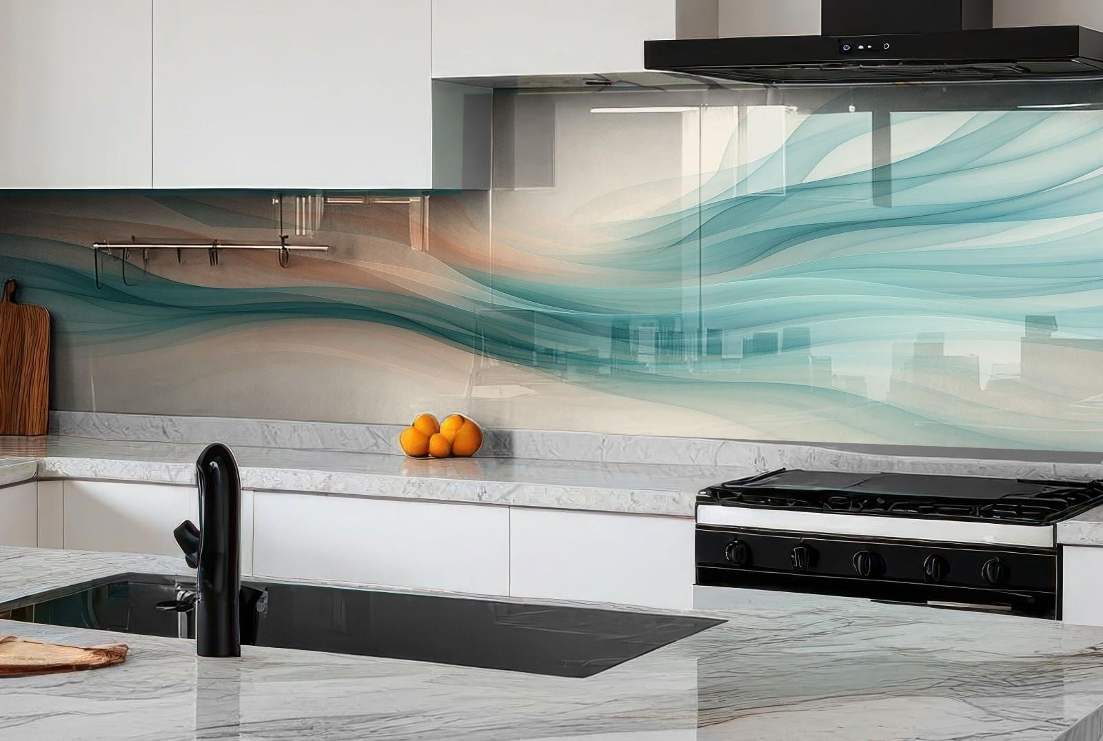 a kitchen with marble counter tops and white cabinets