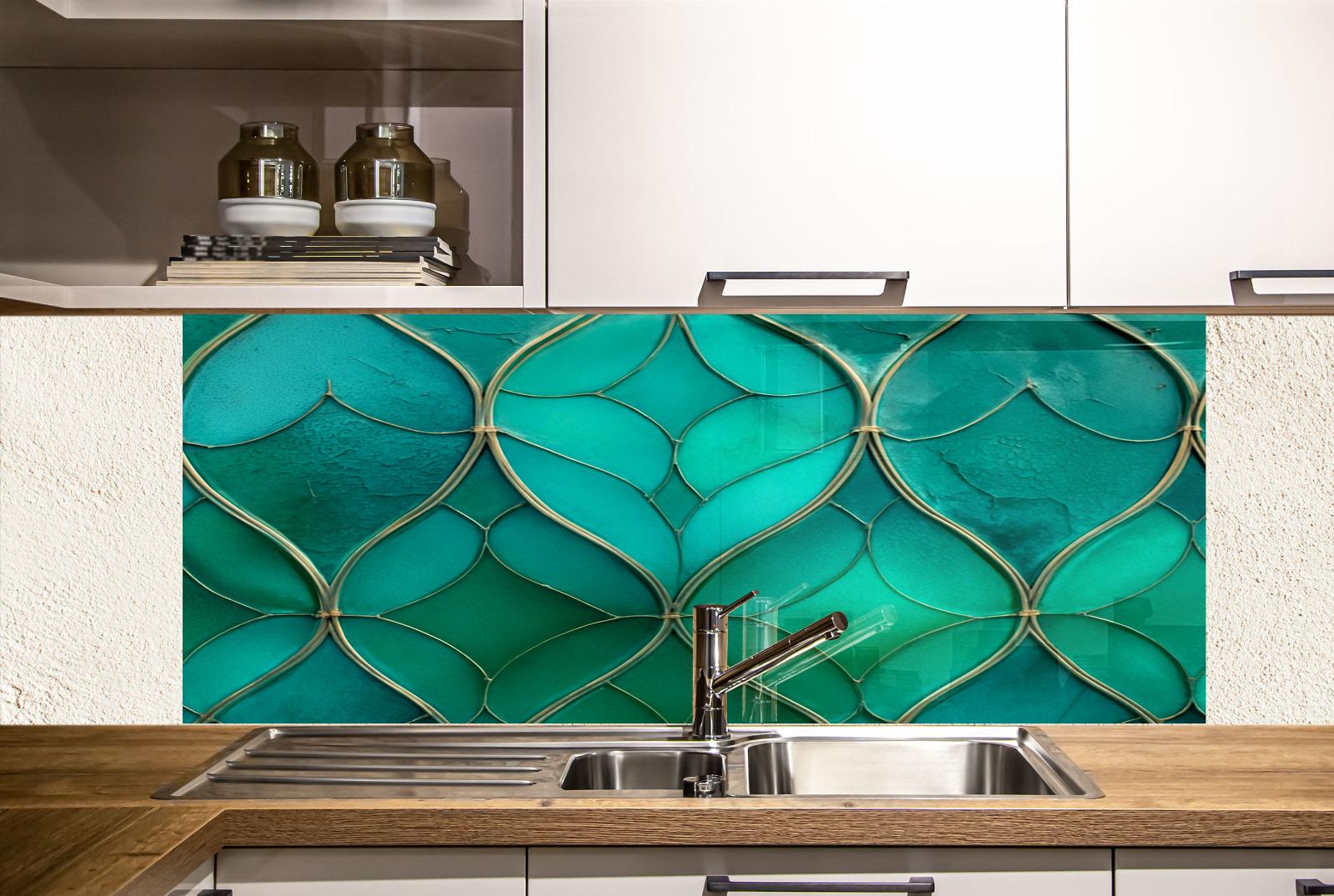 a kitchen with a sink and a green tile backsplash
