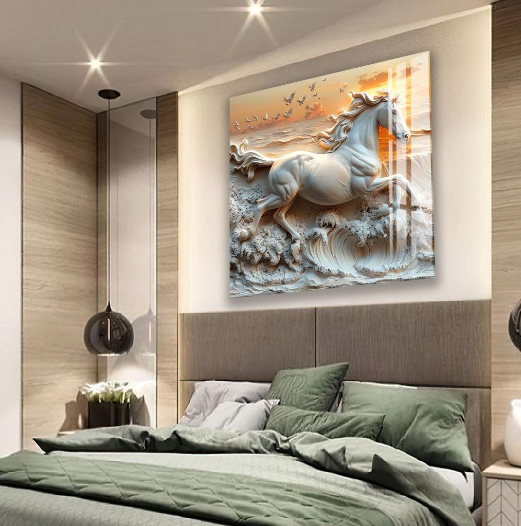 a large, detailed sculpture of a horse in mid-gallop, mounted on a wall above a bed with green bedding.