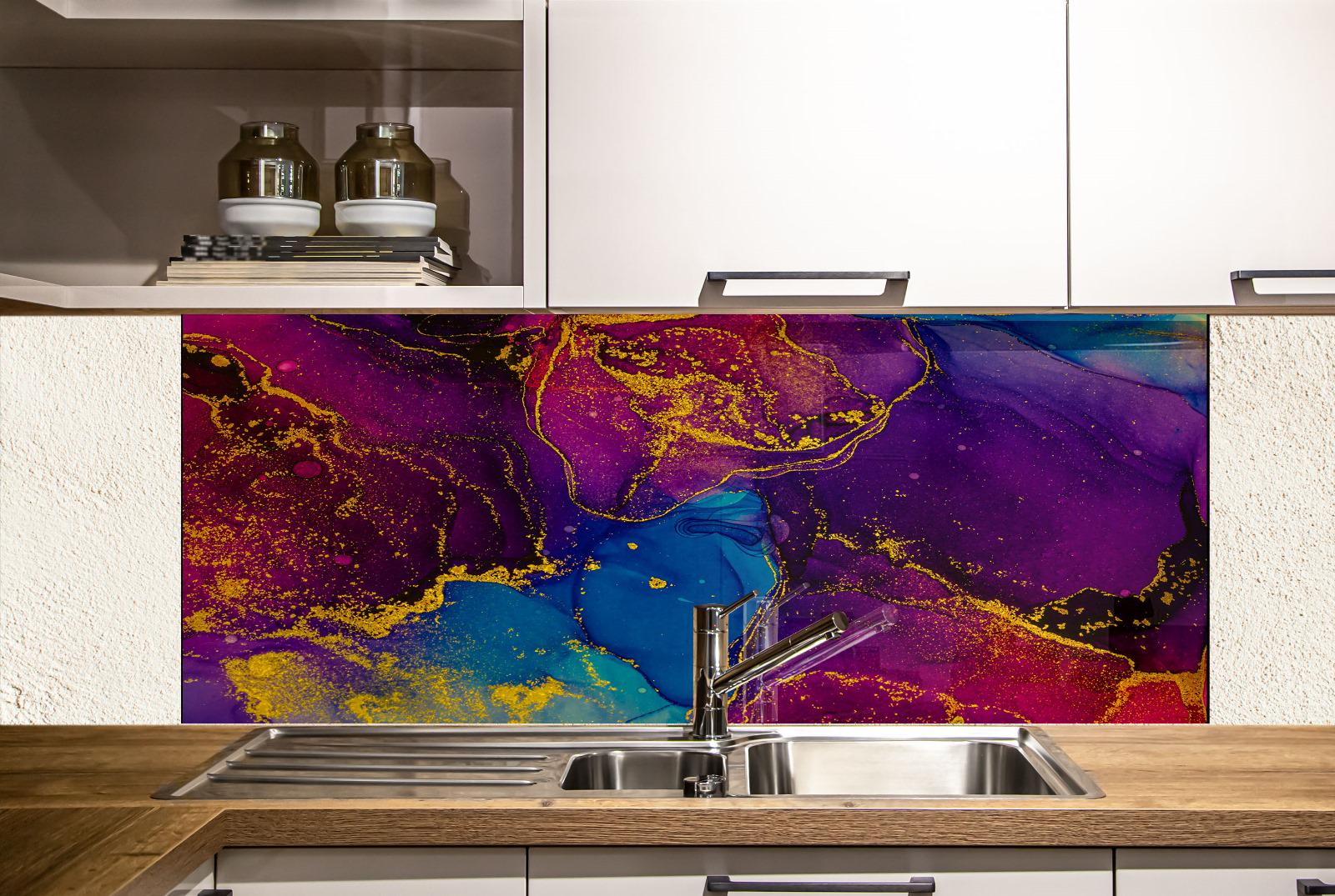 a kitchen with a colorful backsplash behind the sink. The backsplash has a vibrant abstract design with shades of purple, blue, and yellow. The kitchen has white cabinets and a wooden countertop.
