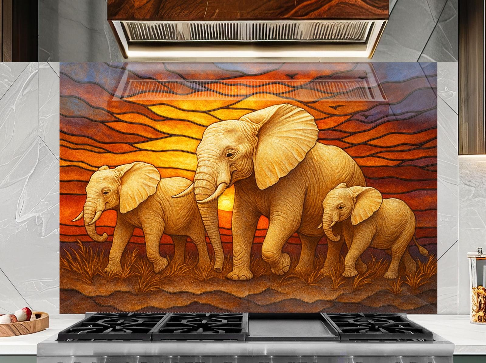 a painting of three elephants in front of a sunset