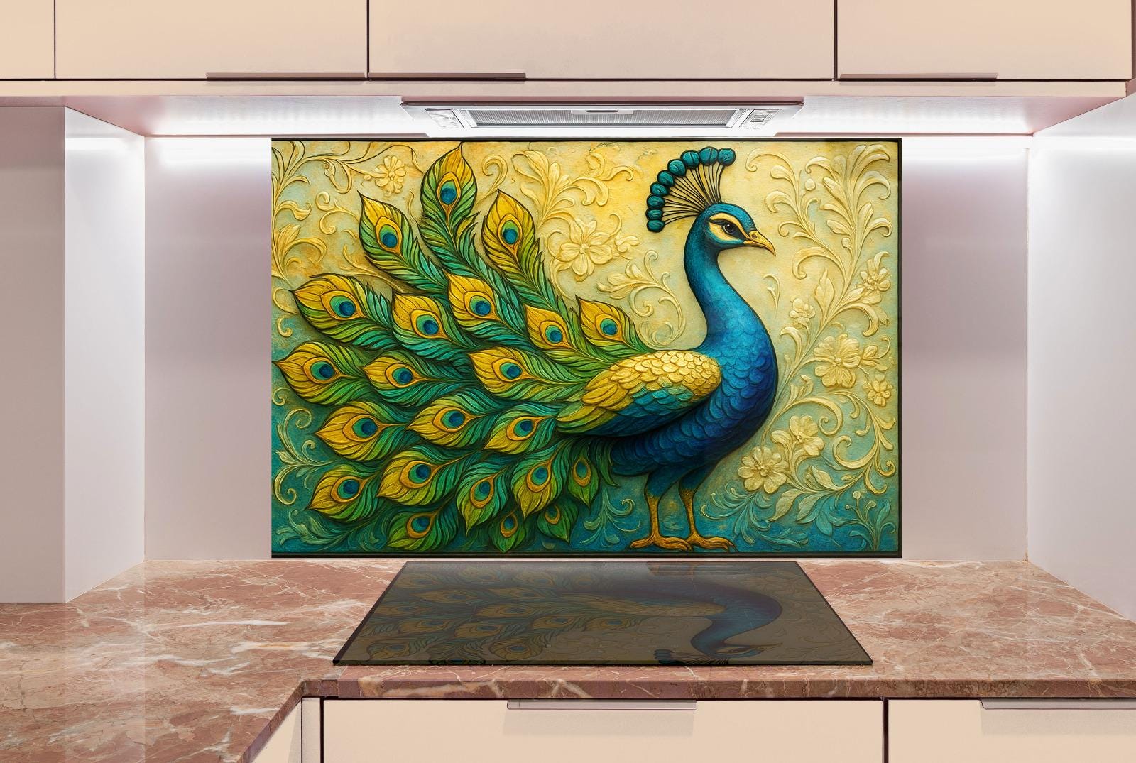 a painting of a peacock on a wall