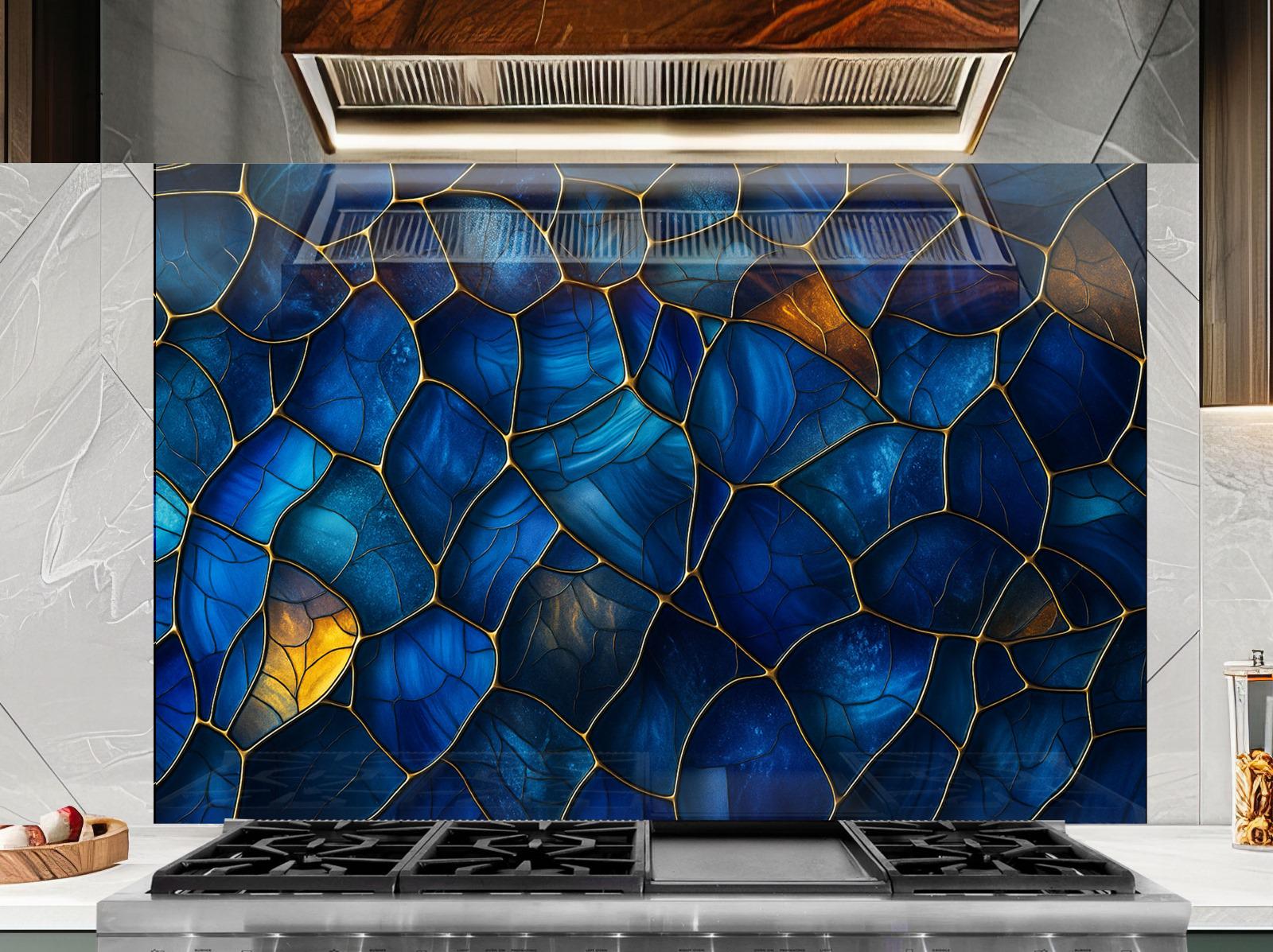 a kitchen with a stove top and a blue mosaic tile backsplash