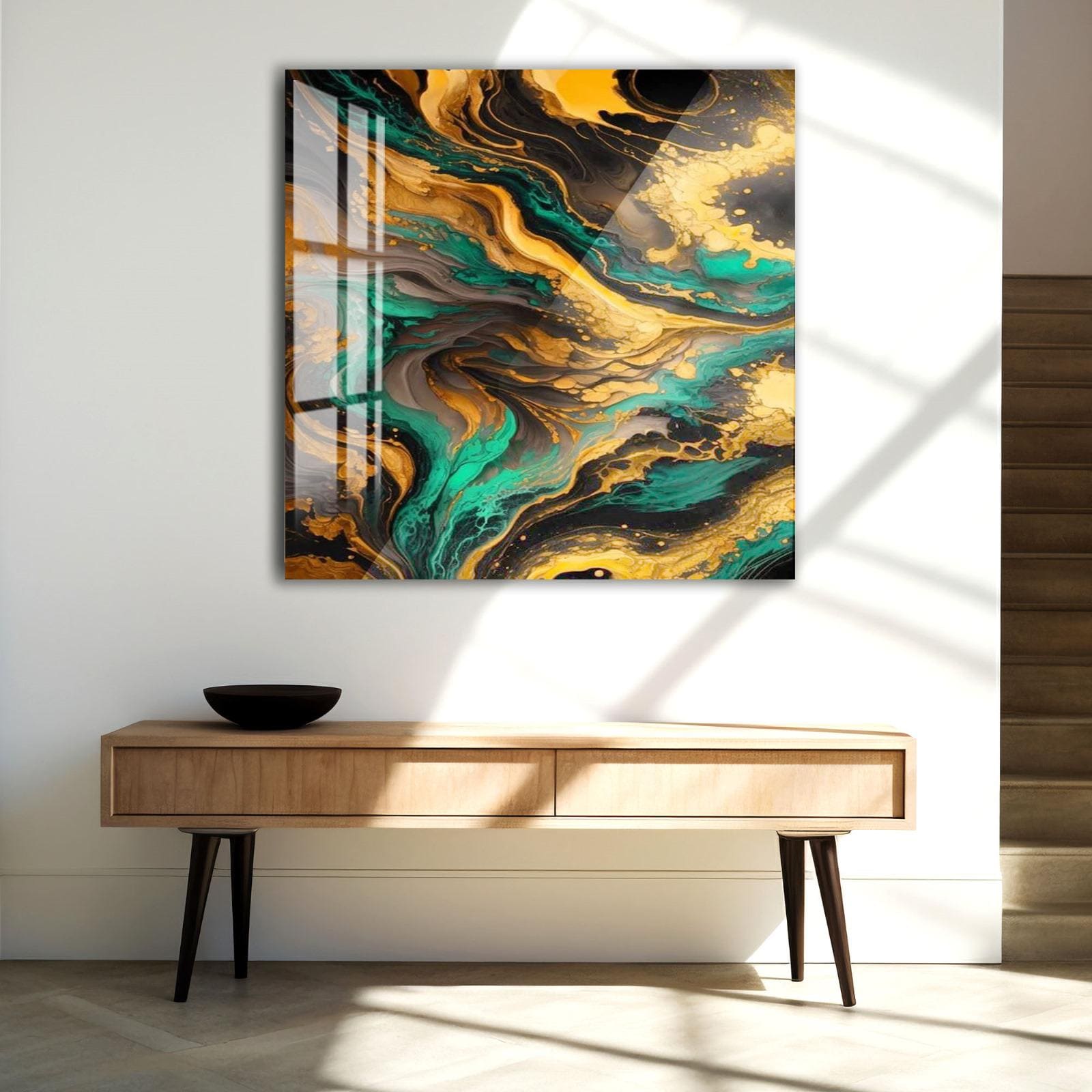 a modern art piece with a vibrant abstract design, hanging on a white wall above a wooden console table.