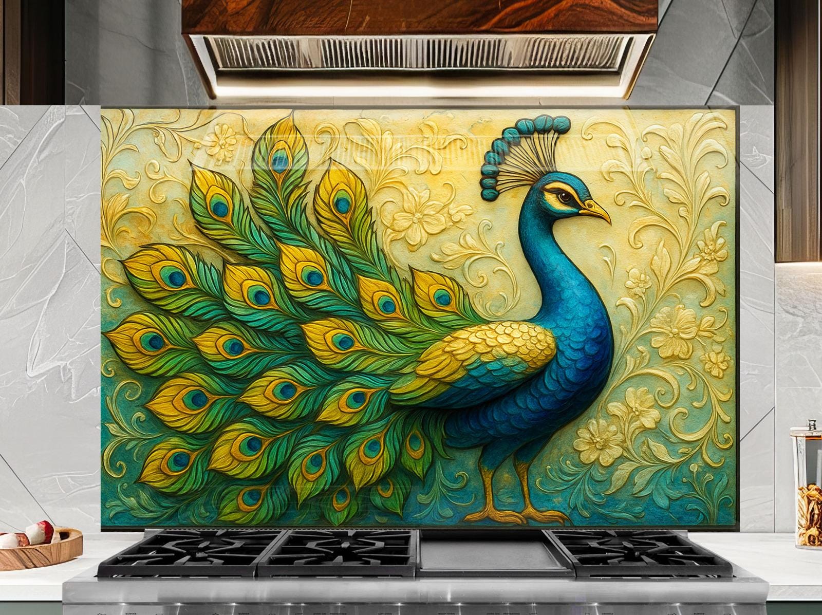 a painting of a peacock sitting on top of a stove