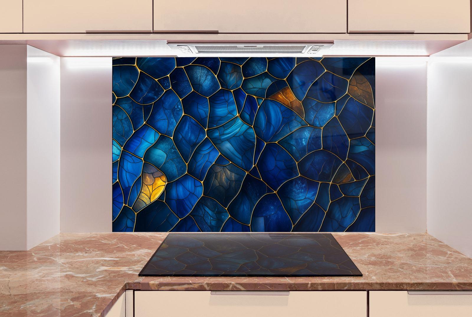 a kitchen counter with a painting on the wall