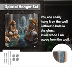 The image is a special hanger set that includes a glass-mounted statue of two figures with long hair and golden accents, as well as various hardware components for mounting the glass.