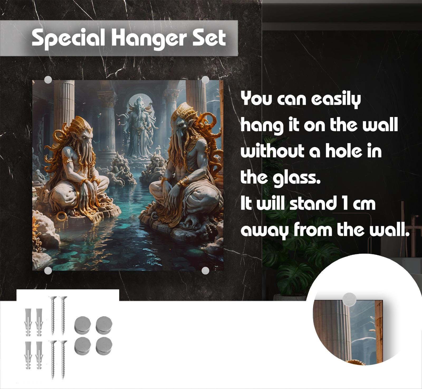 The image is a special hanger set that includes a glass-mounted statue of two figures with long hair and golden accents, as well as various hardware components for mounting the glass.
