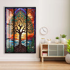 a large stained glass window with a vibrant tree design, hanging on a wall next to a wooden cabinet with a clock and some decorative items.