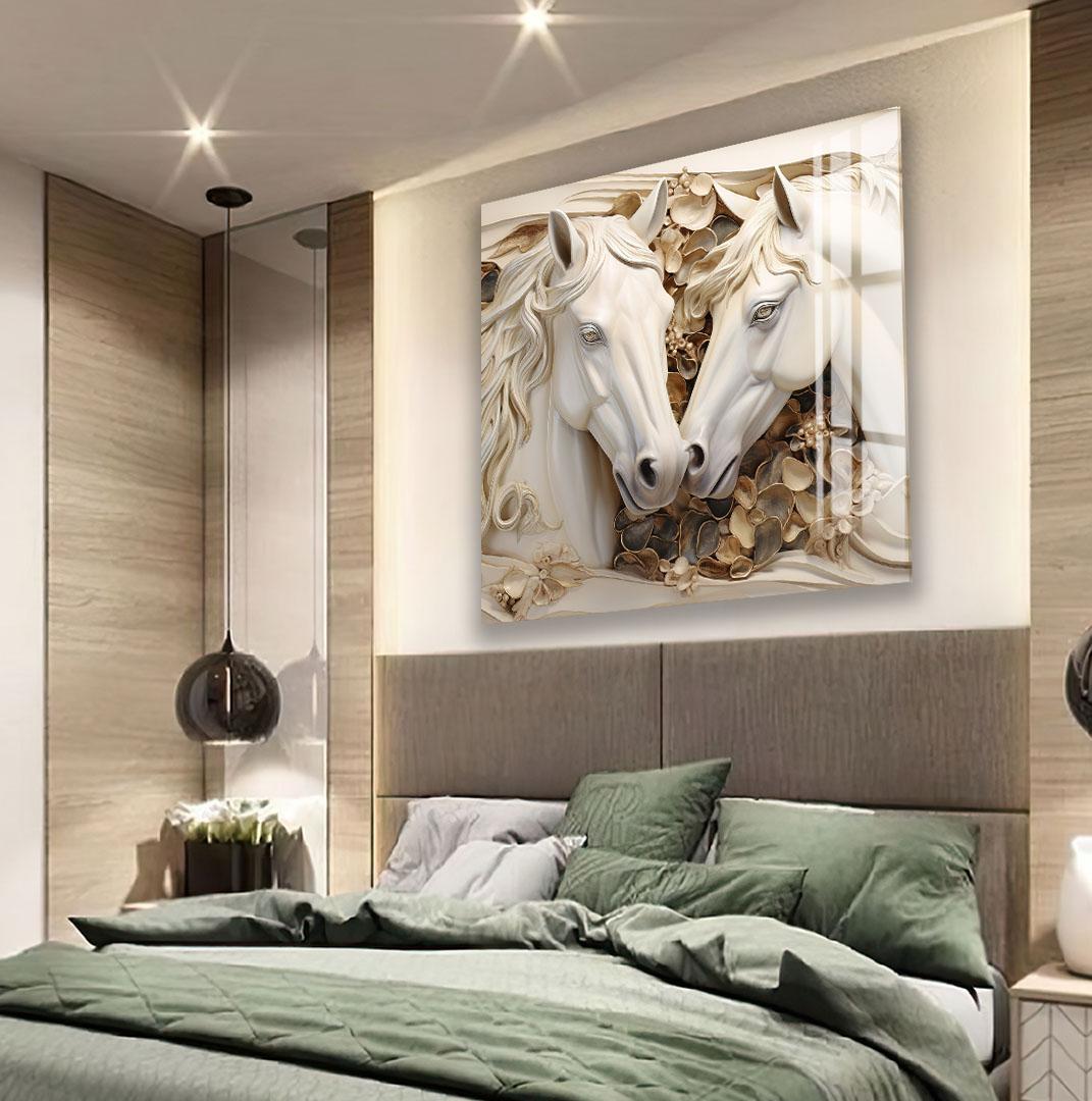 a bedroom with a large bed, a wooden headboard, and a framed artwork of two white horses on the wall above the bed.