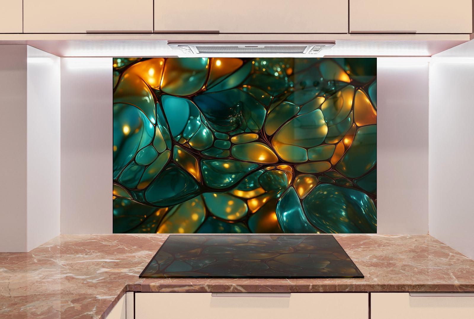 a kitchen with a stove and a painting on the wall