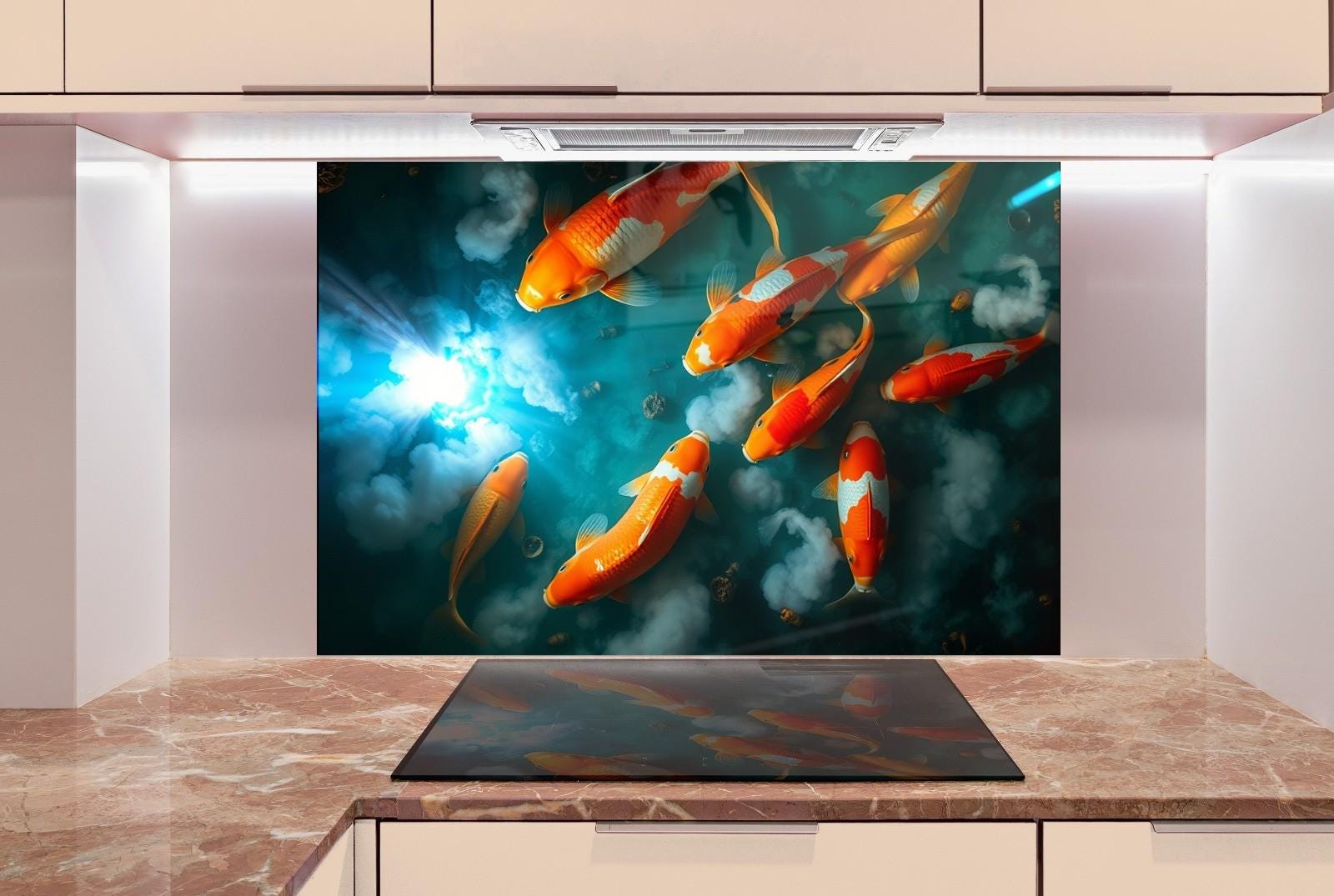 a painting of a group of goldfish swimming in a pond