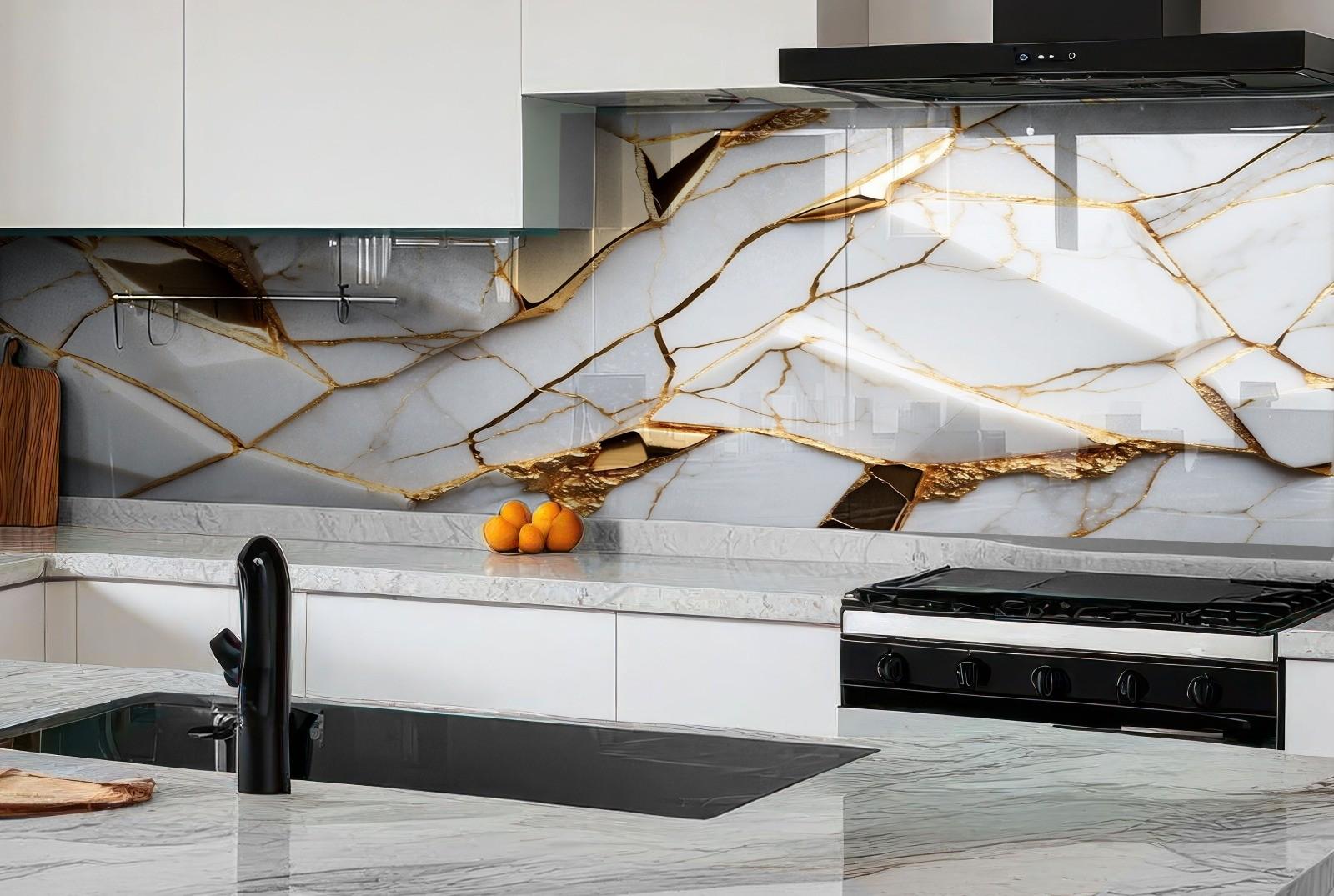 White Gold Marble Backsplash: Tempered Glass, Heat Resistant