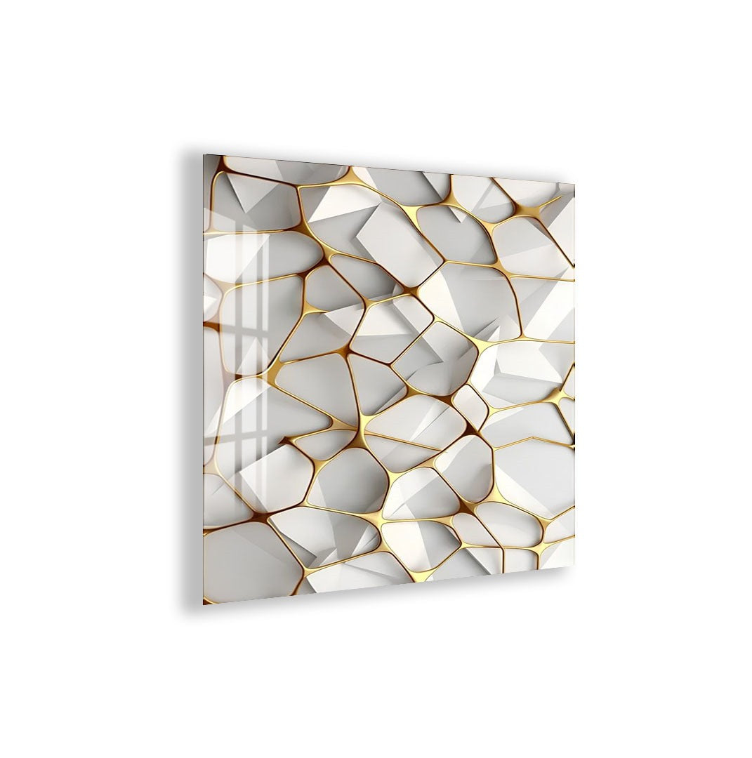 a geometric pattern with a repeating design of white and gold shapes, creating a visually striking and abstract composition.