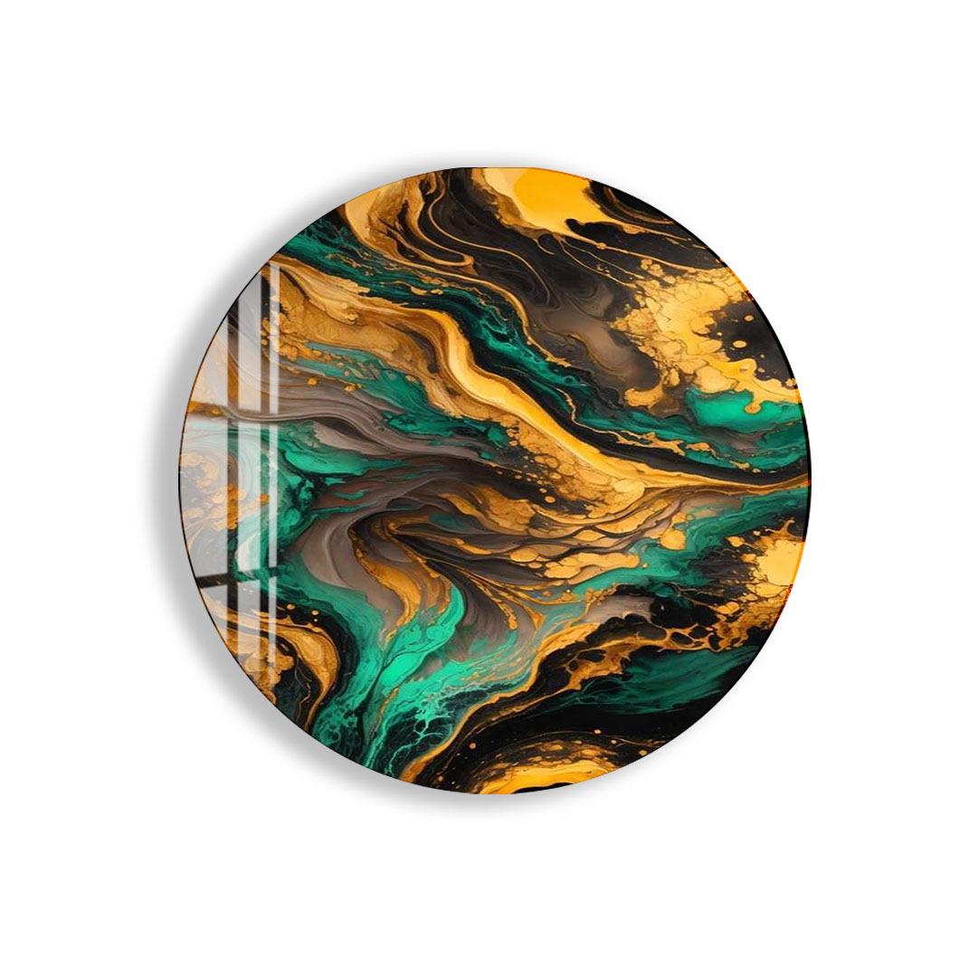 a vibrant abstract design with swirling patterns of green, orange, and black colors.