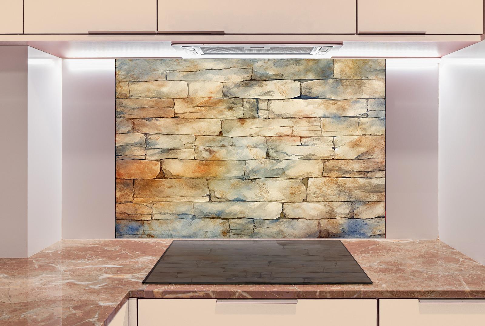 a kitchen counter with a large stone wall mural above it. The mural is a vibrant, colorful depiction of a stone wall, adding a unique and artistic touch to the kitchen&#39;s design.