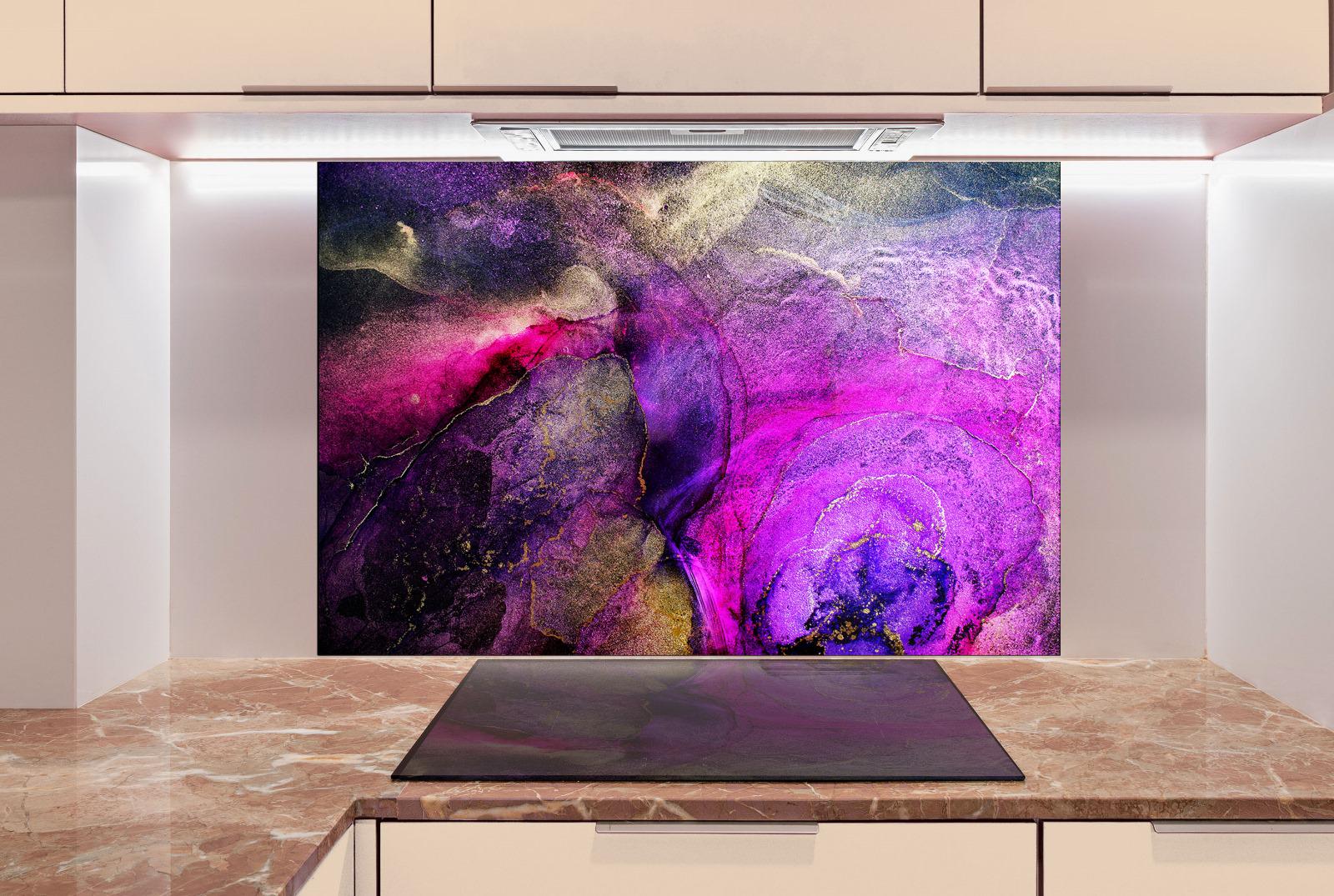 a large abstract painting with vibrant colors and swirling patterns, displayed on a wall above a kitchen counter.