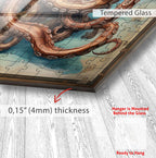 The image is a framed puzzle depicting an octopus, with a text overlay providing information about the thickness of the glass.