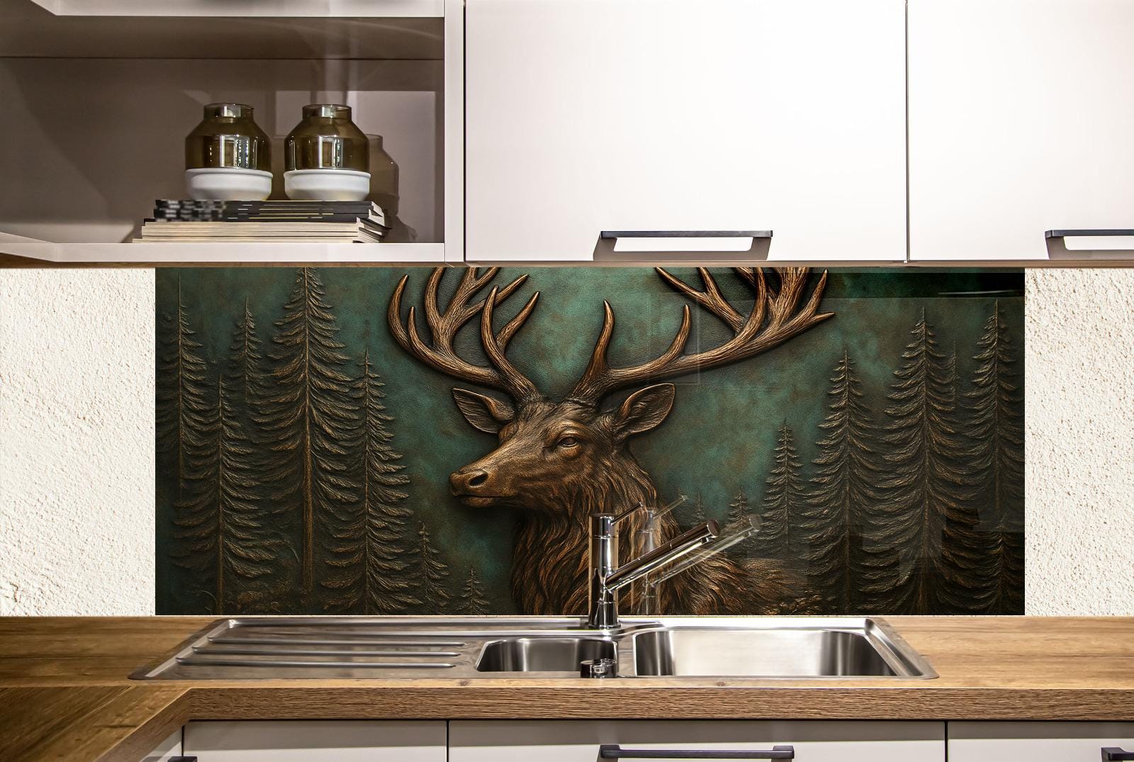 a painting of a deer is on the wall of a kitchen