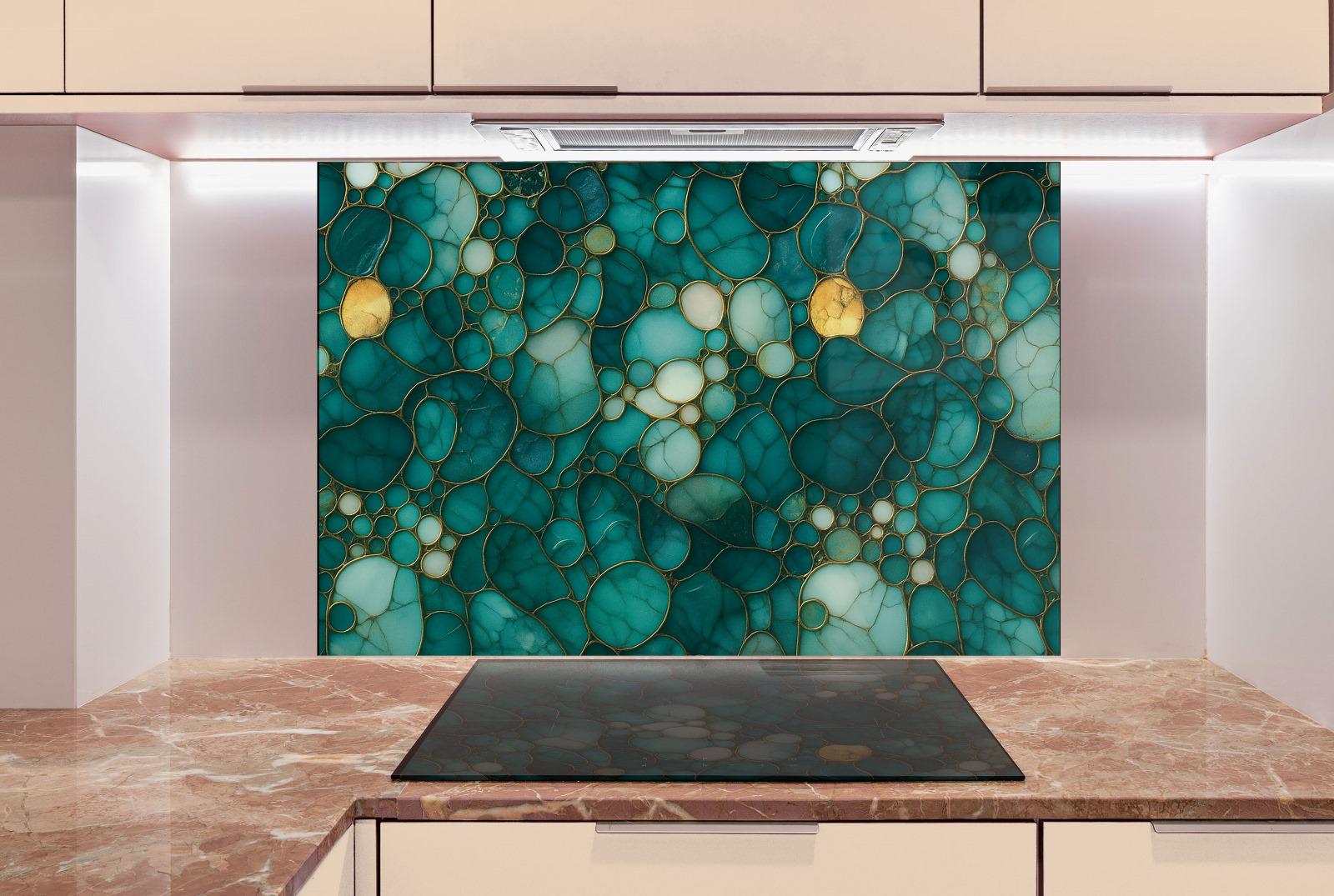 a kitchen with a stove top and a painting on the wall