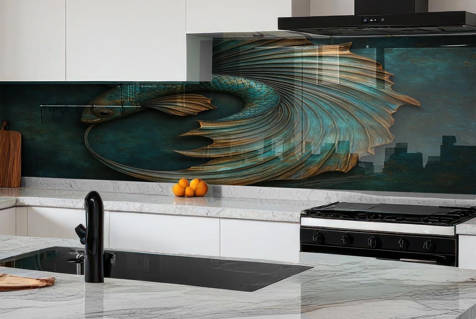 Blue Fish Tempered Glass Kitchen Backsplash: Modern Splashback Decor