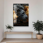 a large, striking painting of a lion's face with a golden and black color scheme, hanging on a white wall above a wooden bench and a potted plant.
