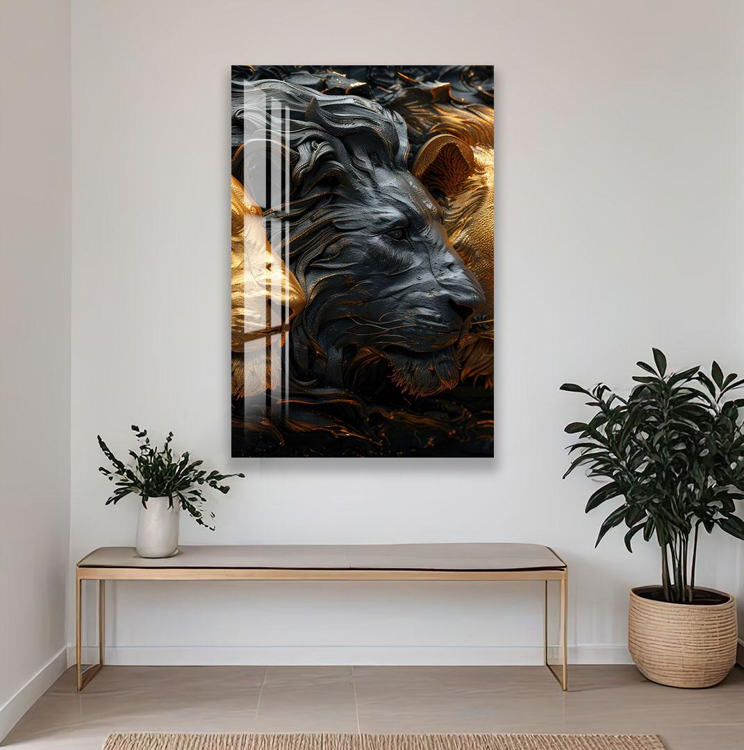 a large, striking painting of a lion's face with a golden and black color scheme, hanging on a white wall above a wooden bench and a potted plant.
