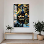 a large painting of a peacock standing on a rock, surrounded by a lush garden with colorful flowers and plants.