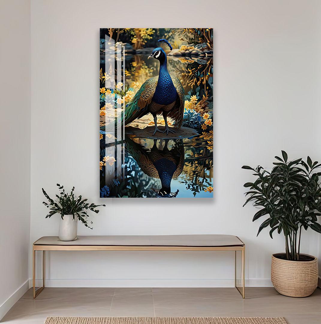 a large painting of a peacock standing on a rock, surrounded by a lush garden with colorful flowers and plants.