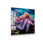 A surreal scene of blue butterflies floating in the air, with a mushroom-like creature on the ground, all set against a dark blue background with a window reflection.