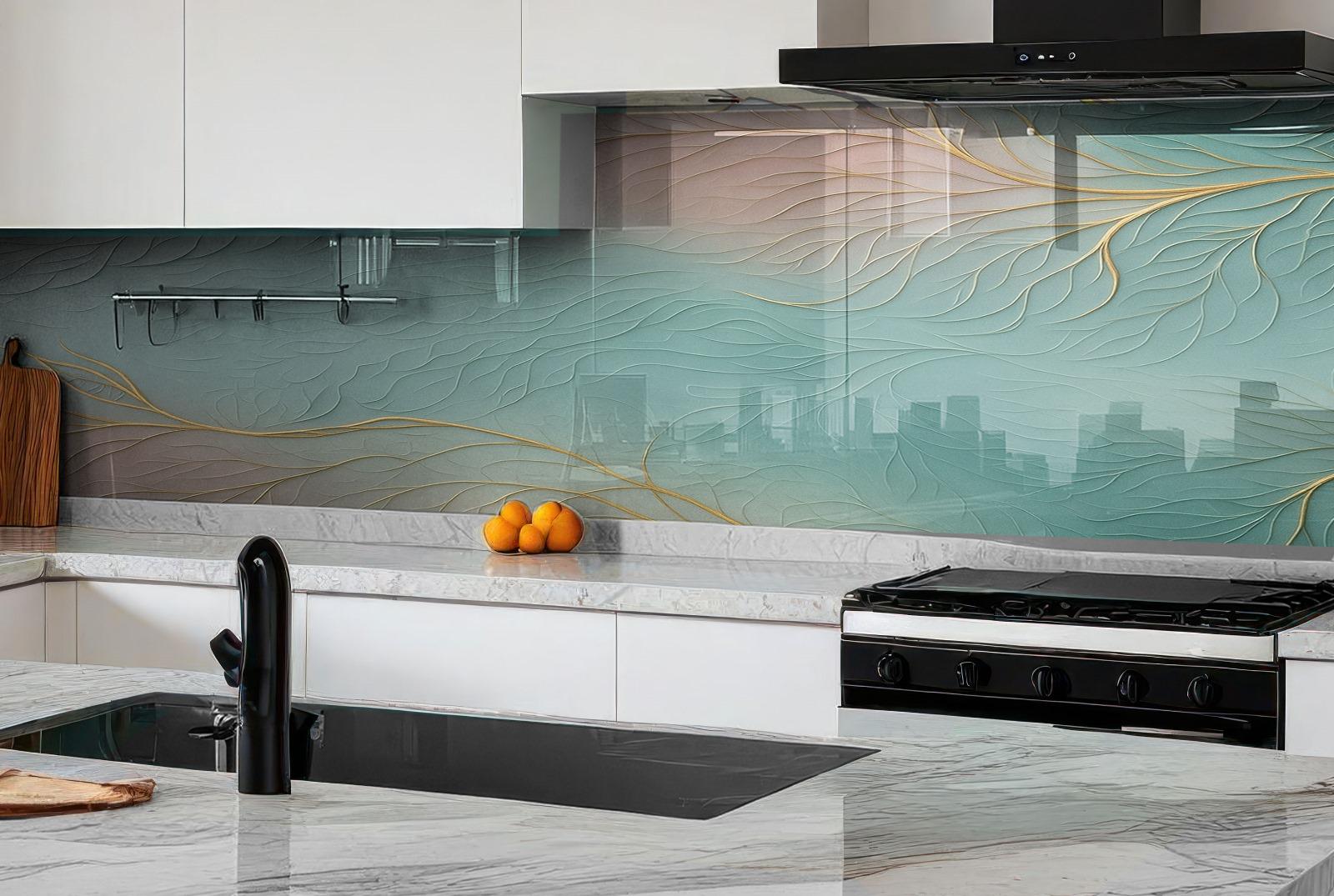 a kitchen with marble counter tops and a glass backsplash