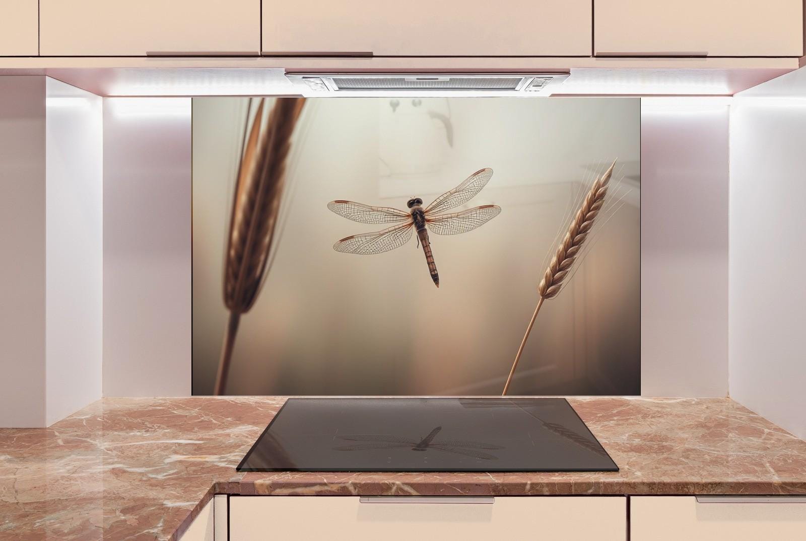 a picture of a dragonfly on a wall above a stove