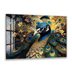 A vibrant and detailed painting of a peacock, showcasing its stunning blue and gold feathers and intricate patterns.