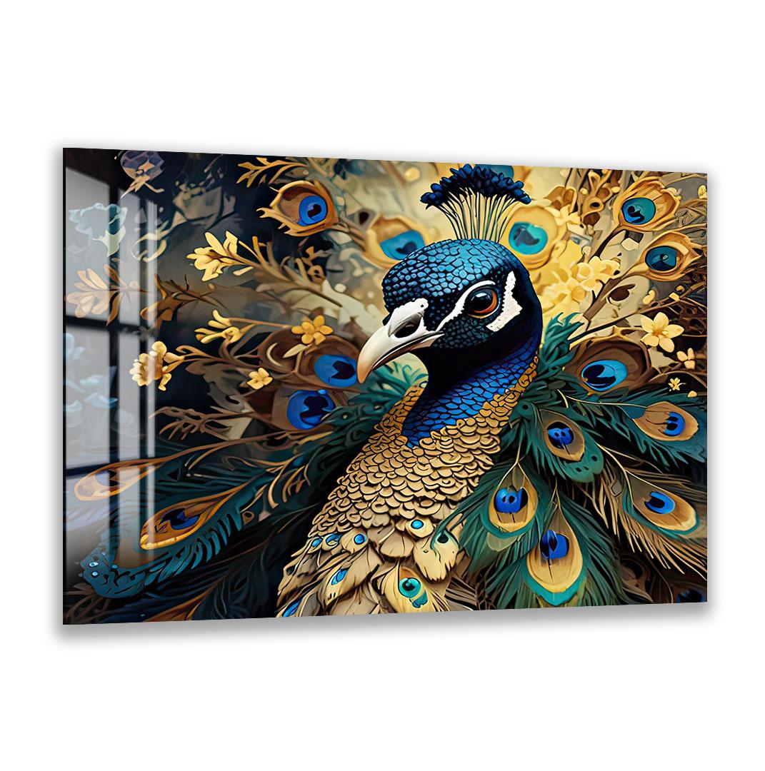 A vibrant and detailed painting of a peacock, showcasing its stunning blue and gold feathers and intricate patterns.