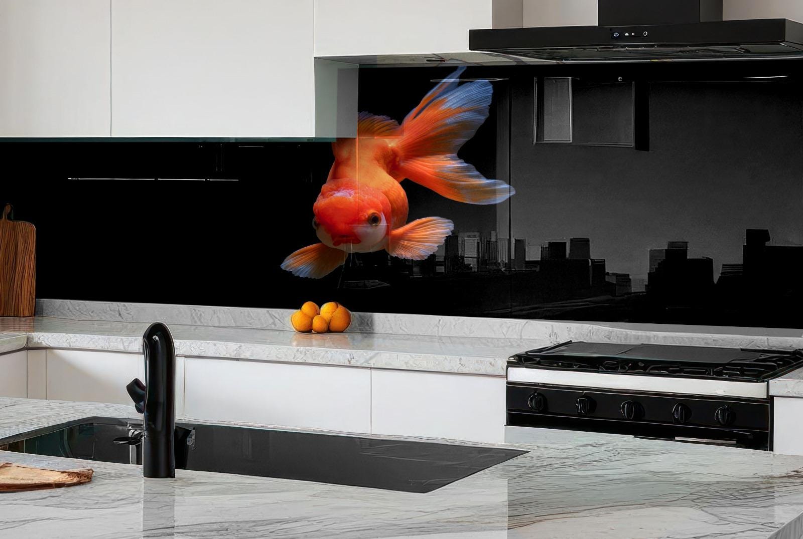 a large orange goldfish swimming in a kitchen with a black and white marble countertop, a sink, and a stove.