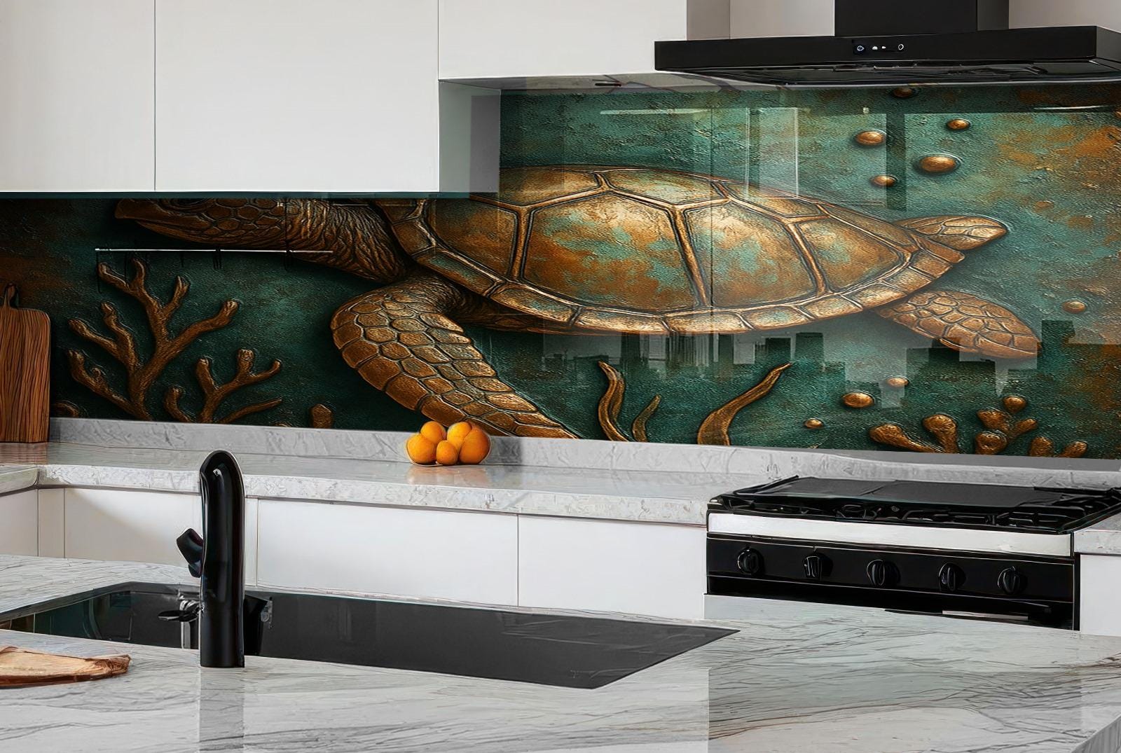 a painting of a turtle on a wall in a kitchen