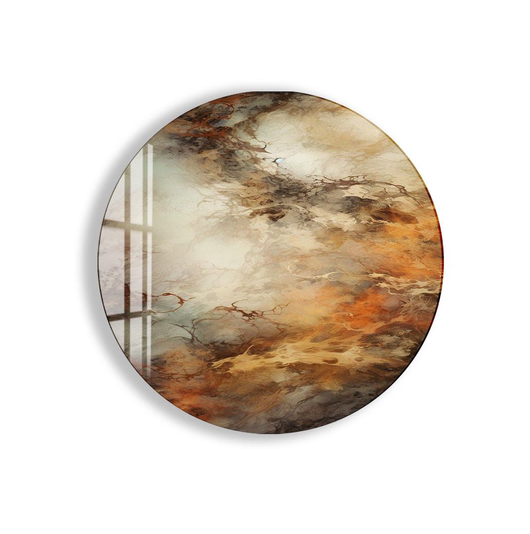 The image is an oval-shaped piece of art with a colorful abstract design featuring swirling patterns and textures in shades of brown, orange, and beige.