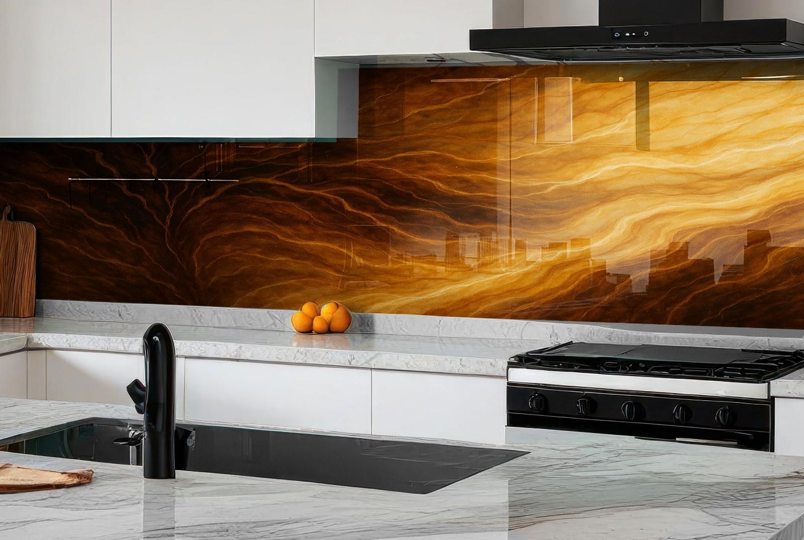 a kitchen with marble counter tops and a marble backsplash