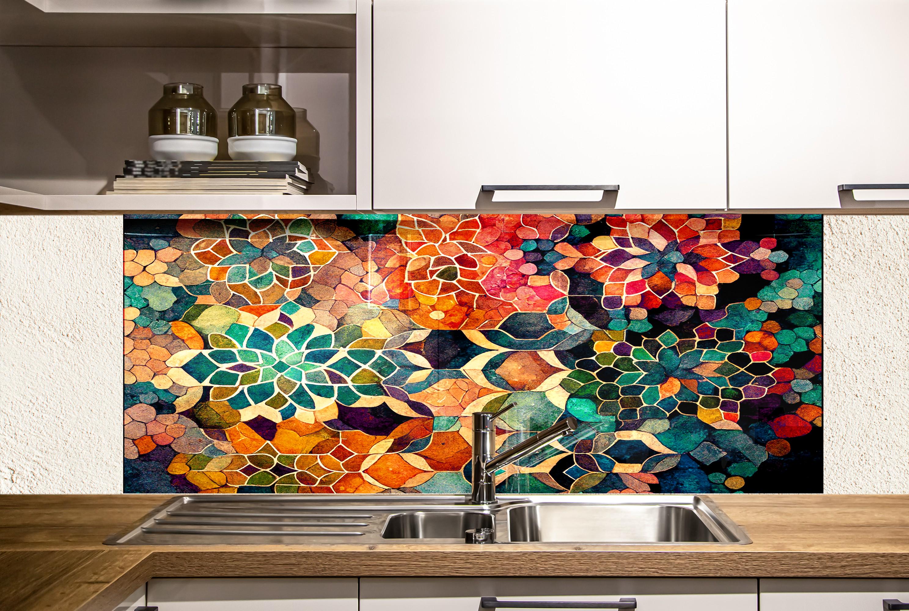 a kitchen with a sink and a colorful tile backsplash