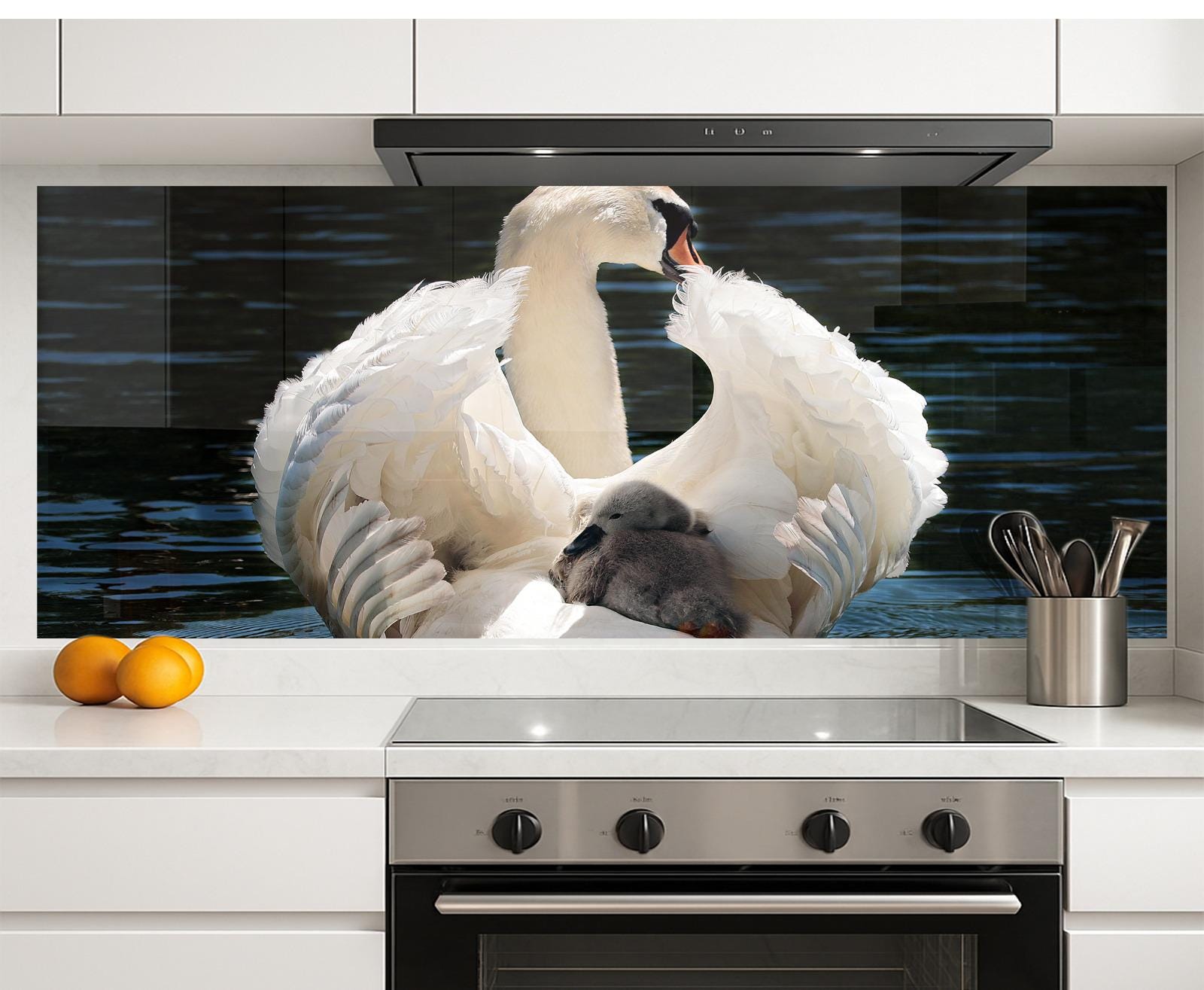 A kitchen scene with a large white swan and its ducklings, with a stove and various kitchen items visible in the foreground.