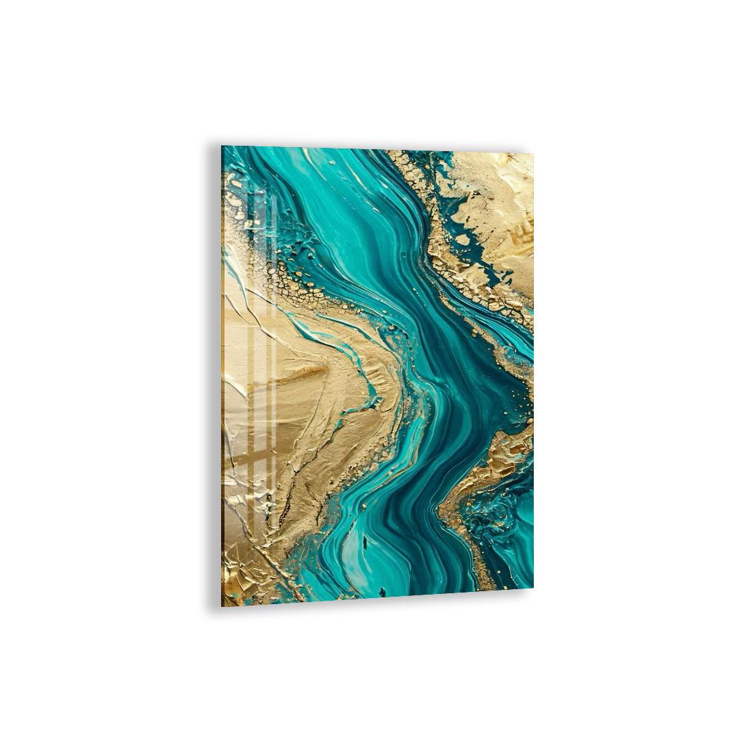 The image is a vibrant abstract artwork featuring a swirling pattern of turquoise and gold colors.