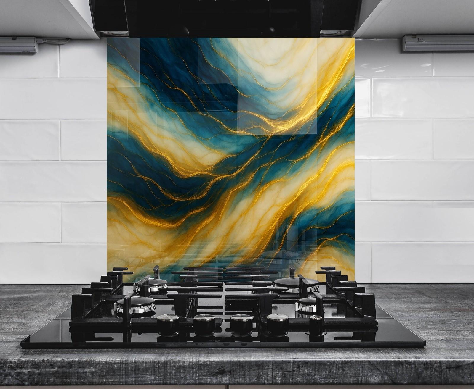 a stove top with a painting on the back of it