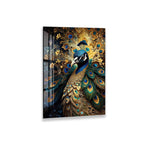 The image is a vibrant and detailed painting of a peacock, showcasing its stunning blue, green, and gold feathers.