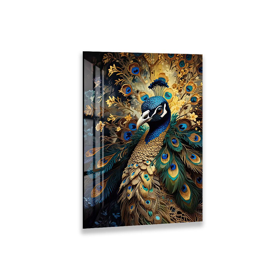 The image is a vibrant and detailed painting of a peacock, showcasing its stunning blue, green, and gold feathers.