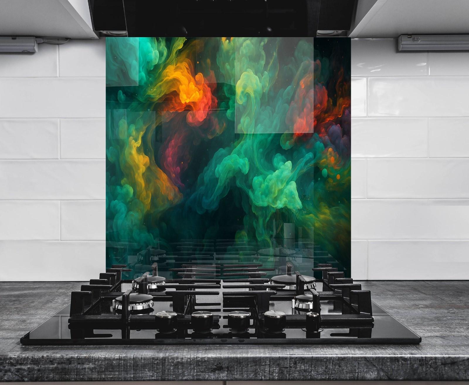 a stove top sitting in front of a wall with a painting on it