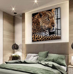 a large, striking leopard print artwork hanging on the wall above a bed with a neutral color scheme.