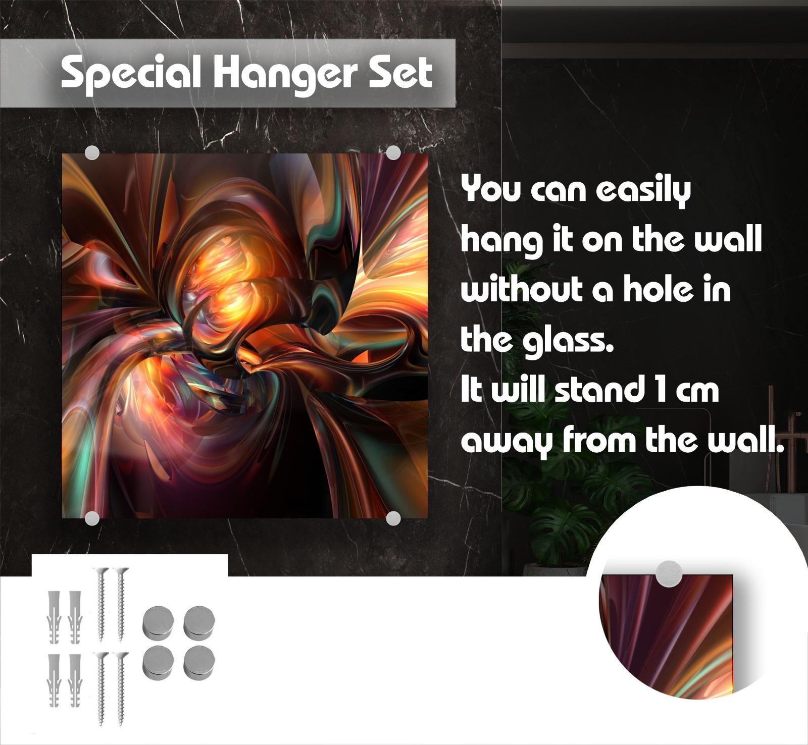 The image is a special hanging set that includes a glass piece and six metal hooks. The glass piece has a hole in it, allowing it to be easily hung on the wall without a hole. The hooks are designed to securely hold the glass piece in place, ensuring it stays in position without causing damage to the wall.