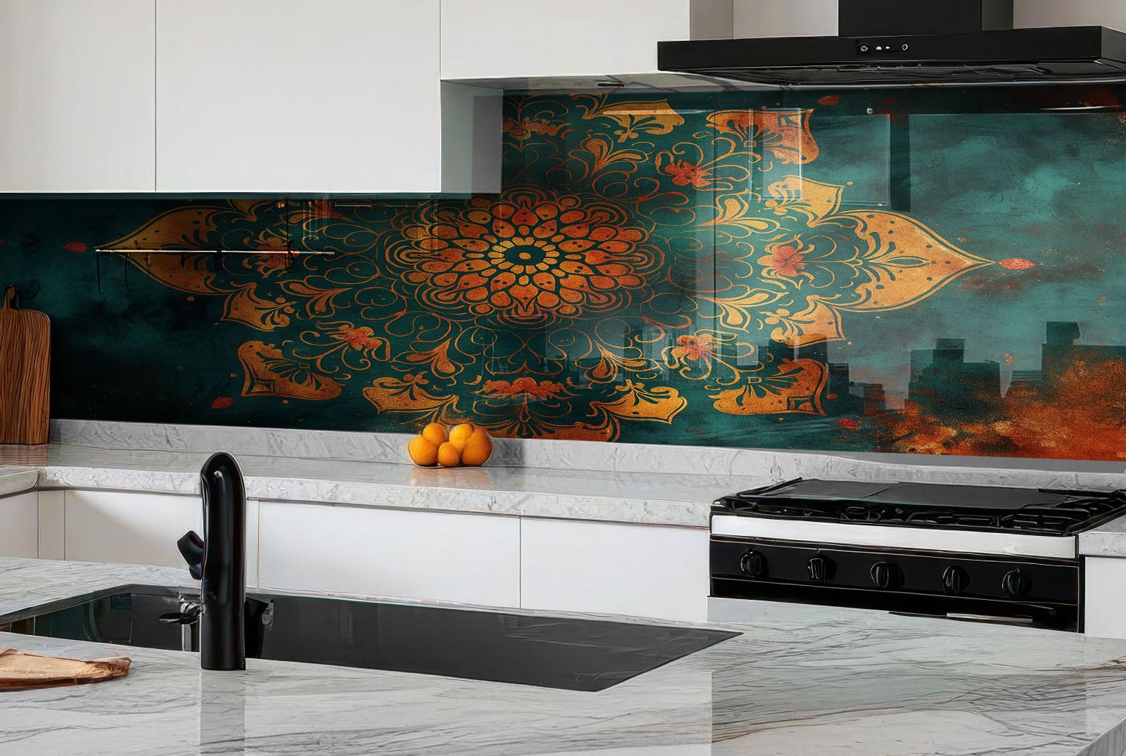 a kitchen with marble counter tops and a painting on the wall